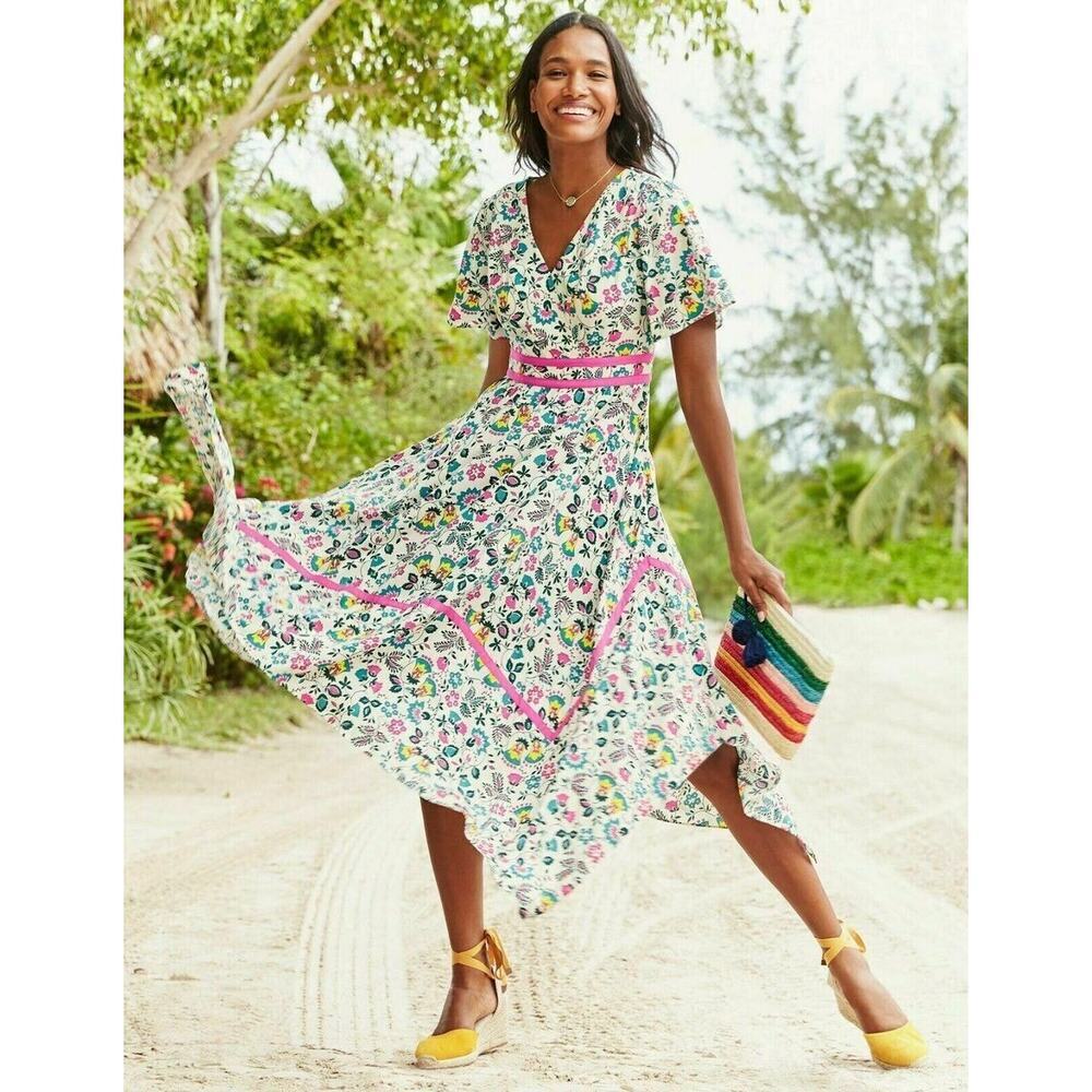BODEN Holly Hanky Hem Midi FLORAL Dress Size 10R casual comfort short sleeve